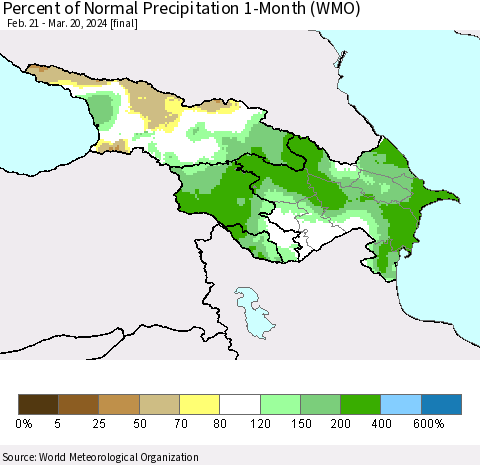 Azerbaijan, Armenia and Georgia Percent of Normal Precipitation 1-Month (WMO) Thematic Map For 2/21/2024 - 3/20/2024