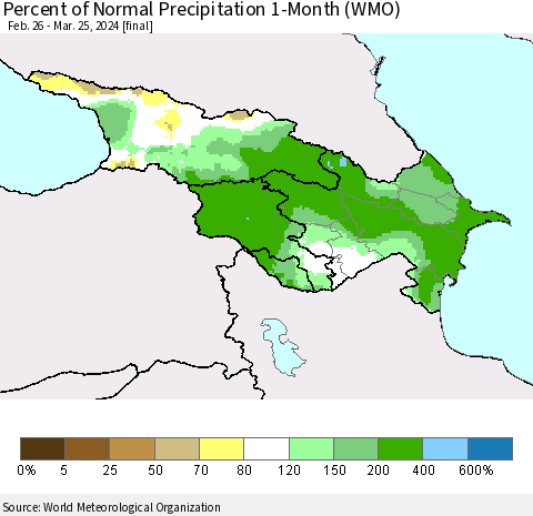 Azerbaijan, Armenia and Georgia Percent of Normal Precipitation 1-Month (WMO) Thematic Map For 2/26/2024 - 3/25/2024
