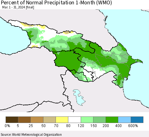 Azerbaijan, Armenia and Georgia Percent of Normal Precipitation 1-Month (WMO) Thematic Map For 3/1/2024 - 3/31/2024