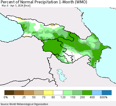 Azerbaijan, Armenia and Georgia Percent of Normal Precipitation 1-Month (WMO) Thematic Map For 3/6/2024 - 4/5/2024