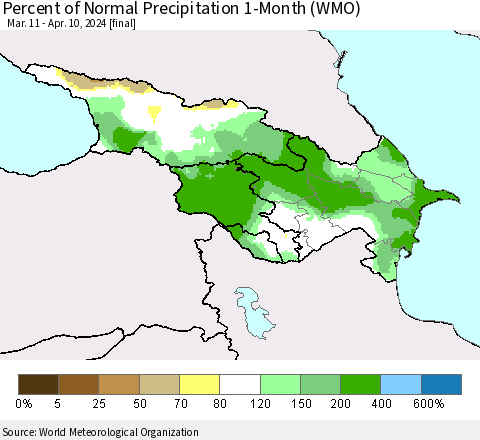 Azerbaijan, Armenia and Georgia Percent of Normal Precipitation 1-Month (WMO) Thematic Map For 3/11/2024 - 4/10/2024