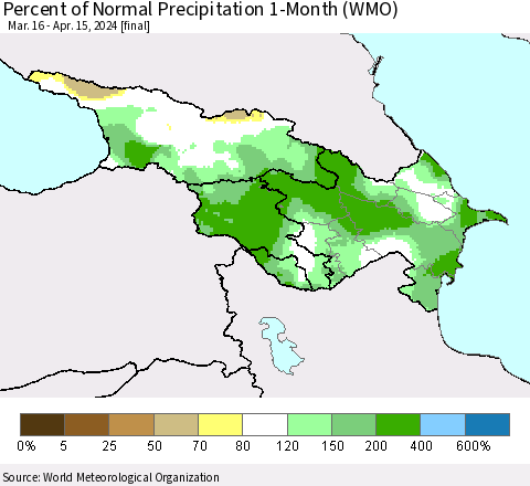 Azerbaijan, Armenia and Georgia Percent of Normal Precipitation 1-Month (WMO) Thematic Map For 3/16/2024 - 4/15/2024