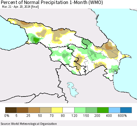 Azerbaijan, Armenia and Georgia Percent of Normal Precipitation 1-Month (WMO) Thematic Map For 3/21/2024 - 4/20/2024