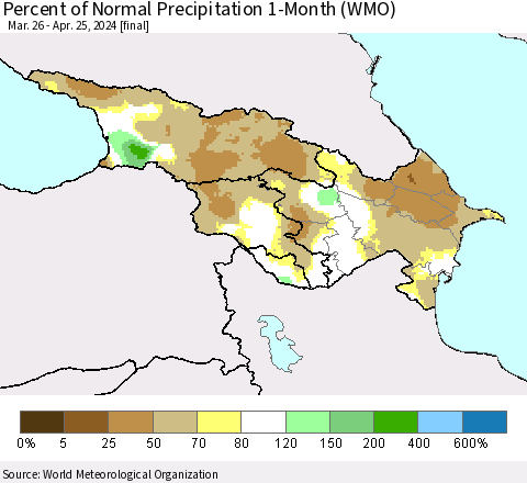 Azerbaijan, Armenia and Georgia Percent of Normal Precipitation 1-Month (WMO) Thematic Map For 3/26/2024 - 4/25/2024