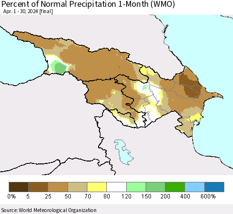 Azerbaijan, Armenia and Georgia Percent of Normal Precipitation 1-Month (WMO) Thematic Map For 4/1/2024 - 4/30/2024