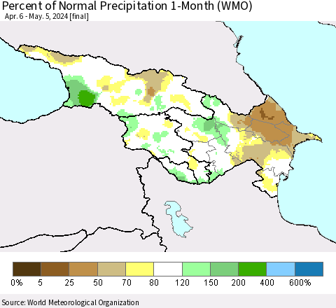 Azerbaijan, Armenia and Georgia Percent of Normal Precipitation 1-Month (WMO) Thematic Map For 4/6/2024 - 5/5/2024