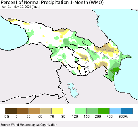 Azerbaijan, Armenia and Georgia Percent of Normal Precipitation 1-Month (WMO) Thematic Map For 4/11/2024 - 5/10/2024