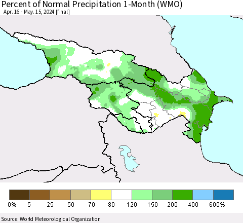 Azerbaijan, Armenia and Georgia Percent of Normal Precipitation 1-Month (WMO) Thematic Map For 4/16/2024 - 5/15/2024