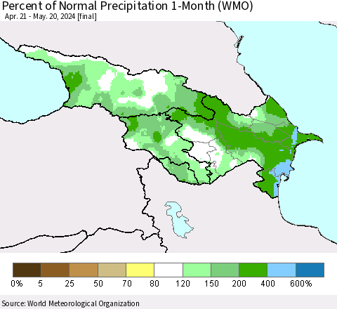 Azerbaijan, Armenia and Georgia Percent of Normal Precipitation 1-Month (WMO) Thematic Map For 4/21/2024 - 5/20/2024