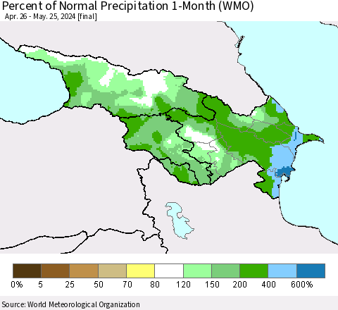 Azerbaijan, Armenia and Georgia Percent of Normal Precipitation 1-Month (WMO) Thematic Map For 4/26/2024 - 5/25/2024