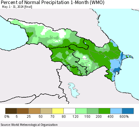 Azerbaijan, Armenia and Georgia Percent of Normal Precipitation 1-Month (WMO) Thematic Map For 5/1/2024 - 5/31/2024