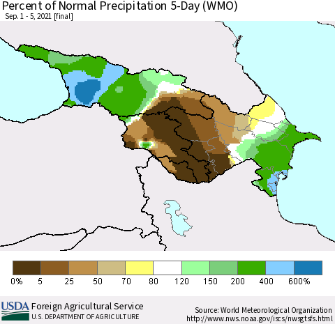 Azerbaijan, Armenia and Georgia Percent of Normal Precipitation 5-Day (WMO) Thematic Map For 9/1/2021 - 9/5/2021
