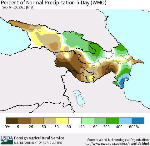 Azerbaijan, Armenia and Georgia Percent of Normal Precipitation 5-Day (WMO) Thematic Map For 9/6/2021 - 9/10/2021