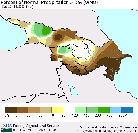 Azerbaijan, Armenia and Georgia Percent of Normal Precipitation 5-Day (WMO) Thematic Map For 9/11/2021 - 9/15/2021