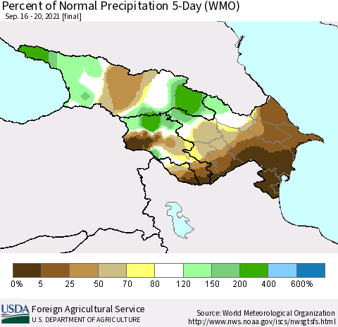 Azerbaijan, Armenia and Georgia Percent of Normal Precipitation 5-Day (WMO) Thematic Map For 9/16/2021 - 9/20/2021