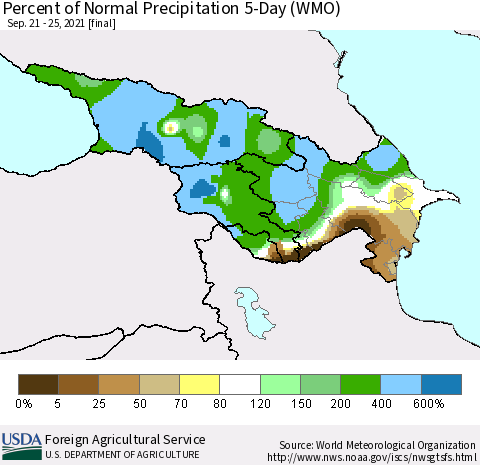 Azerbaijan, Armenia and Georgia Percent of Normal Precipitation 5-Day (WMO) Thematic Map For 9/21/2021 - 9/25/2021