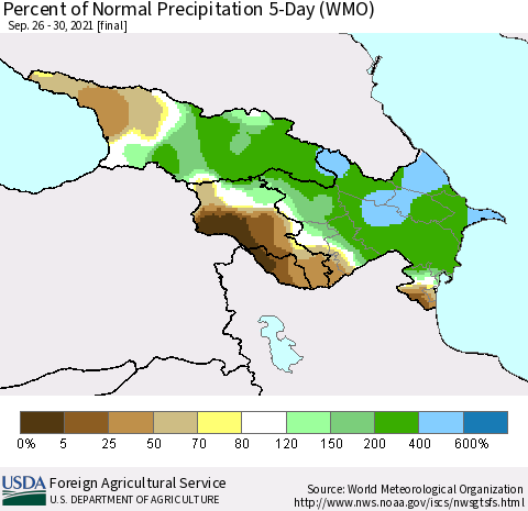 Azerbaijan, Armenia and Georgia Percent of Normal Precipitation 5-Day (WMO) Thematic Map For 9/26/2021 - 9/30/2021