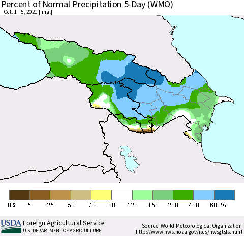 Azerbaijan, Armenia and Georgia Percent of Normal Precipitation 5-Day (WMO) Thematic Map For 10/1/2021 - 10/5/2021
