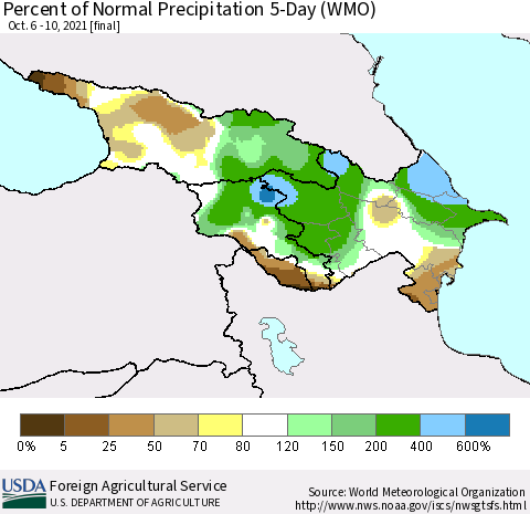 Azerbaijan, Armenia and Georgia Percent of Normal Precipitation 5-Day (WMO) Thematic Map For 10/6/2021 - 10/10/2021