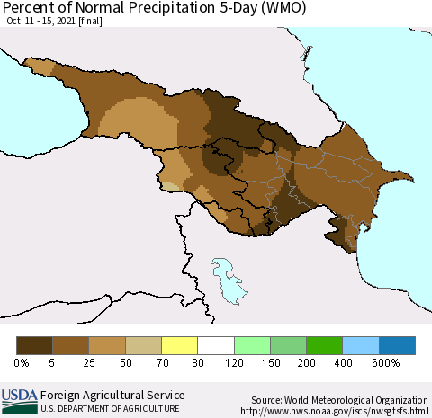 Azerbaijan, Armenia and Georgia Percent of Normal Precipitation 5-Day (WMO) Thematic Map For 10/11/2021 - 10/15/2021