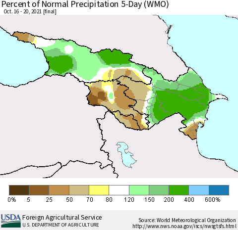 Azerbaijan, Armenia and Georgia Percent of Normal Precipitation 5-Day (WMO) Thematic Map For 10/16/2021 - 10/20/2021