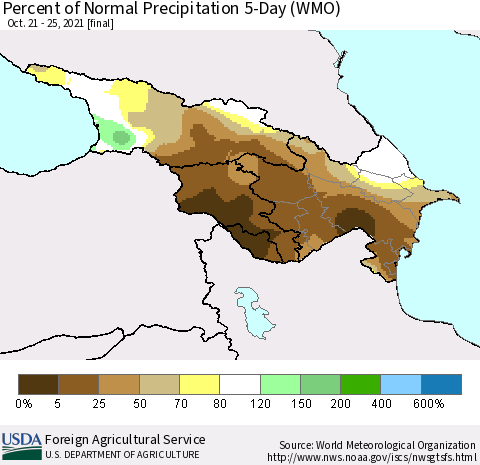 Azerbaijan, Armenia and Georgia Percent of Normal Precipitation 5-Day (WMO) Thematic Map For 10/21/2021 - 10/25/2021