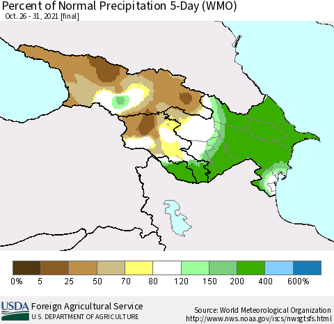Azerbaijan, Armenia and Georgia Percent of Normal Precipitation 5-Day (WMO) Thematic Map For 10/26/2021 - 10/31/2021