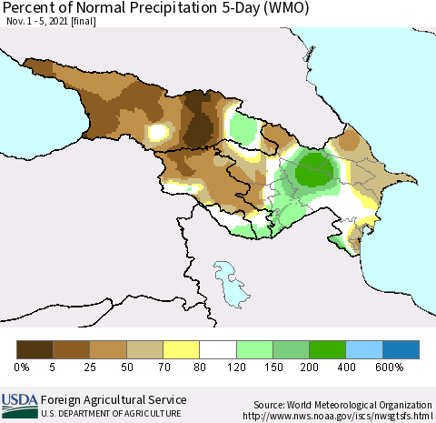 Azerbaijan, Armenia and Georgia Percent of Normal Precipitation 5-Day (WMO) Thematic Map For 11/1/2021 - 11/5/2021