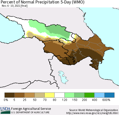 Azerbaijan, Armenia and Georgia Percent of Normal Precipitation 5-Day (WMO) Thematic Map For 11/6/2021 - 11/10/2021