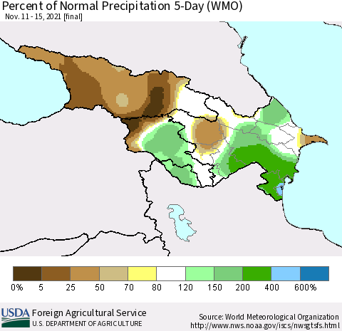 Azerbaijan, Armenia and Georgia Percent of Normal Precipitation 5-Day (WMO) Thematic Map For 11/11/2021 - 11/15/2021
