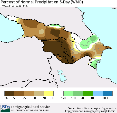 Azerbaijan, Armenia and Georgia Percent of Normal Precipitation 5-Day (WMO) Thematic Map For 11/16/2021 - 11/20/2021