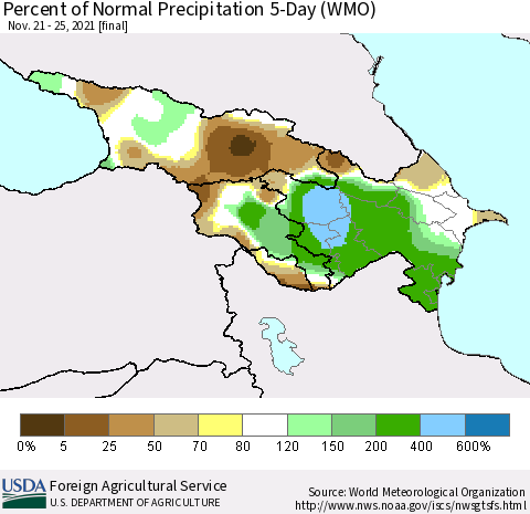 Azerbaijan, Armenia and Georgia Percent of Normal Precipitation 5-Day (WMO) Thematic Map For 11/21/2021 - 11/25/2021