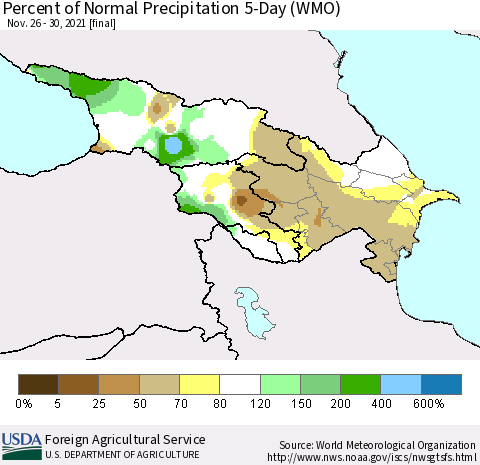 Azerbaijan, Armenia and Georgia Percent of Normal Precipitation 5-Day (WMO) Thematic Map For 11/26/2021 - 11/30/2021