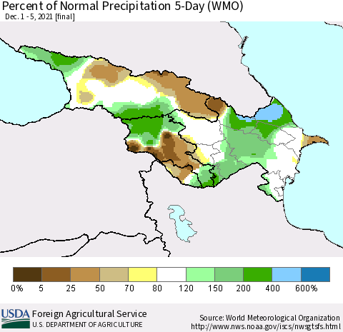 Azerbaijan, Armenia and Georgia Percent of Normal Precipitation 5-Day (WMO) Thematic Map For 12/1/2021 - 12/5/2021