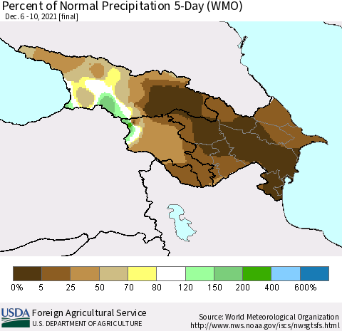 Azerbaijan, Armenia and Georgia Percent of Normal Precipitation 5-Day (WMO) Thematic Map For 12/6/2021 - 12/10/2021