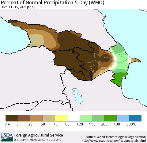 Azerbaijan, Armenia and Georgia Percent of Normal Precipitation 5-Day (WMO) Thematic Map For 12/11/2021 - 12/15/2021