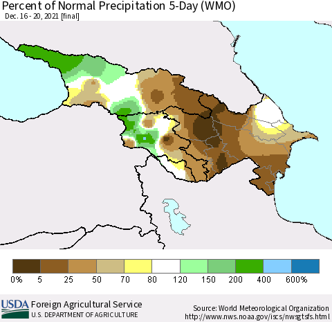 Azerbaijan, Armenia and Georgia Percent of Normal Precipitation 5-Day (WMO) Thematic Map For 12/16/2021 - 12/20/2021