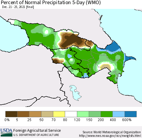 Azerbaijan, Armenia and Georgia Percent of Normal Precipitation 5-Day (WMO) Thematic Map For 12/21/2021 - 12/25/2021