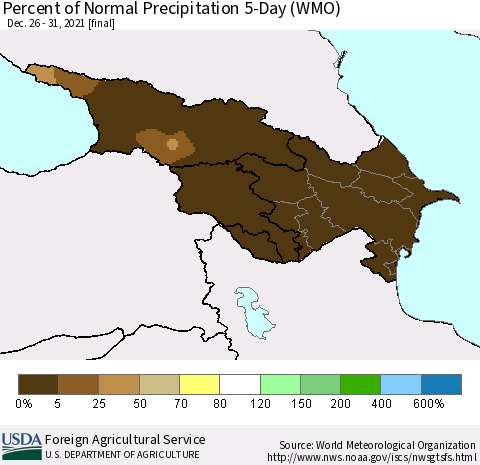 Azerbaijan, Armenia and Georgia Percent of Normal Precipitation 5-Day (WMO) Thematic Map For 12/26/2021 - 12/31/2021