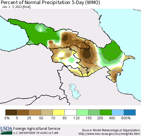 Azerbaijan, Armenia and Georgia Percent of Normal Precipitation 5-Day (WMO) Thematic Map For 1/1/2022 - 1/5/2022