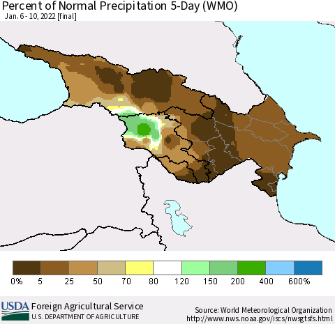 Azerbaijan, Armenia and Georgia Percent of Normal Precipitation 5-Day (WMO) Thematic Map For 1/6/2022 - 1/10/2022