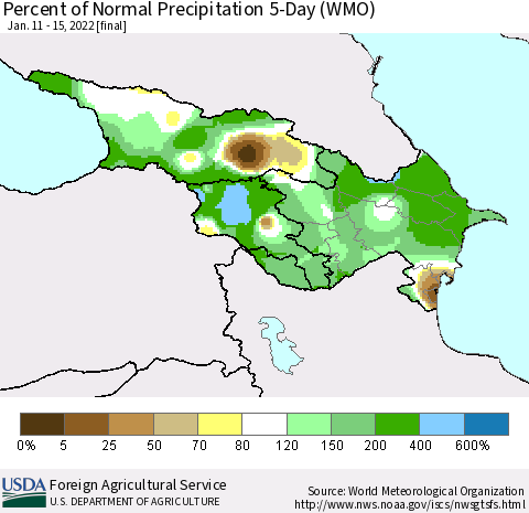 Azerbaijan, Armenia and Georgia Percent of Normal Precipitation 5-Day (WMO) Thematic Map For 1/11/2022 - 1/15/2022