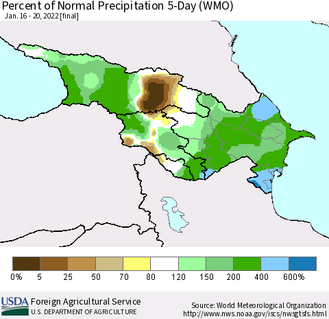 Azerbaijan, Armenia and Georgia Percent of Normal Precipitation 5-Day (WMO) Thematic Map For 1/16/2022 - 1/20/2022