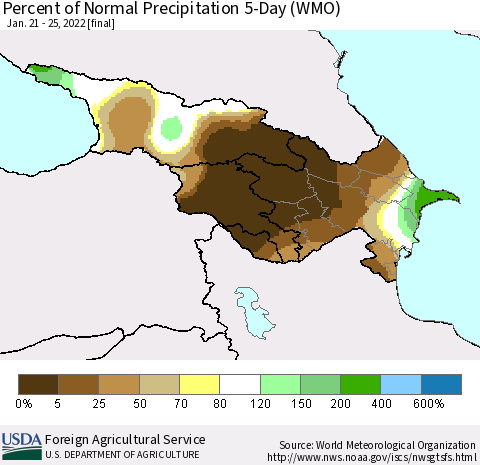 Azerbaijan, Armenia and Georgia Percent of Normal Precipitation 5-Day (WMO) Thematic Map For 1/21/2022 - 1/25/2022