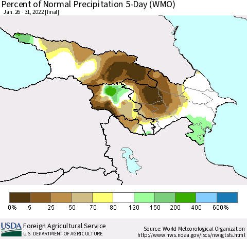 Azerbaijan, Armenia and Georgia Percent of Normal Precipitation 5-Day (WMO) Thematic Map For 1/26/2022 - 1/31/2022
