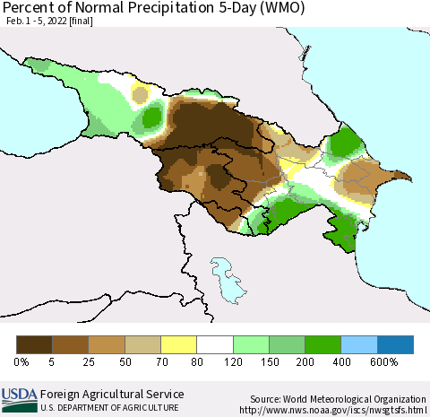 Azerbaijan, Armenia and Georgia Percent of Normal Precipitation 5-Day (WMO) Thematic Map For 2/1/2022 - 2/5/2022