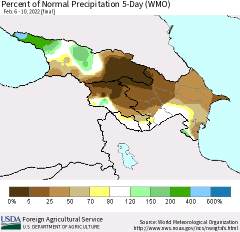 Azerbaijan, Armenia and Georgia Percent of Normal Precipitation 5-Day (WMO) Thematic Map For 2/6/2022 - 2/10/2022