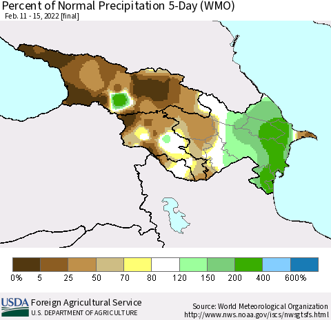 Azerbaijan, Armenia and Georgia Percent of Normal Precipitation 5-Day (WMO) Thematic Map For 2/11/2022 - 2/15/2022