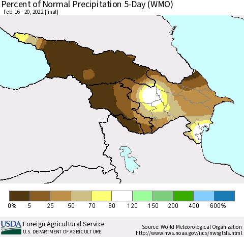 Azerbaijan, Armenia and Georgia Percent of Normal Precipitation 5-Day (WMO) Thematic Map For 2/16/2022 - 2/20/2022