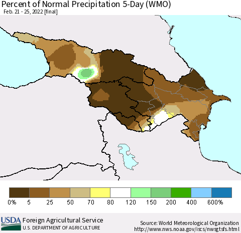 Azerbaijan, Armenia and Georgia Percent of Normal Precipitation 5-Day (WMO) Thematic Map For 2/21/2022 - 2/25/2022
